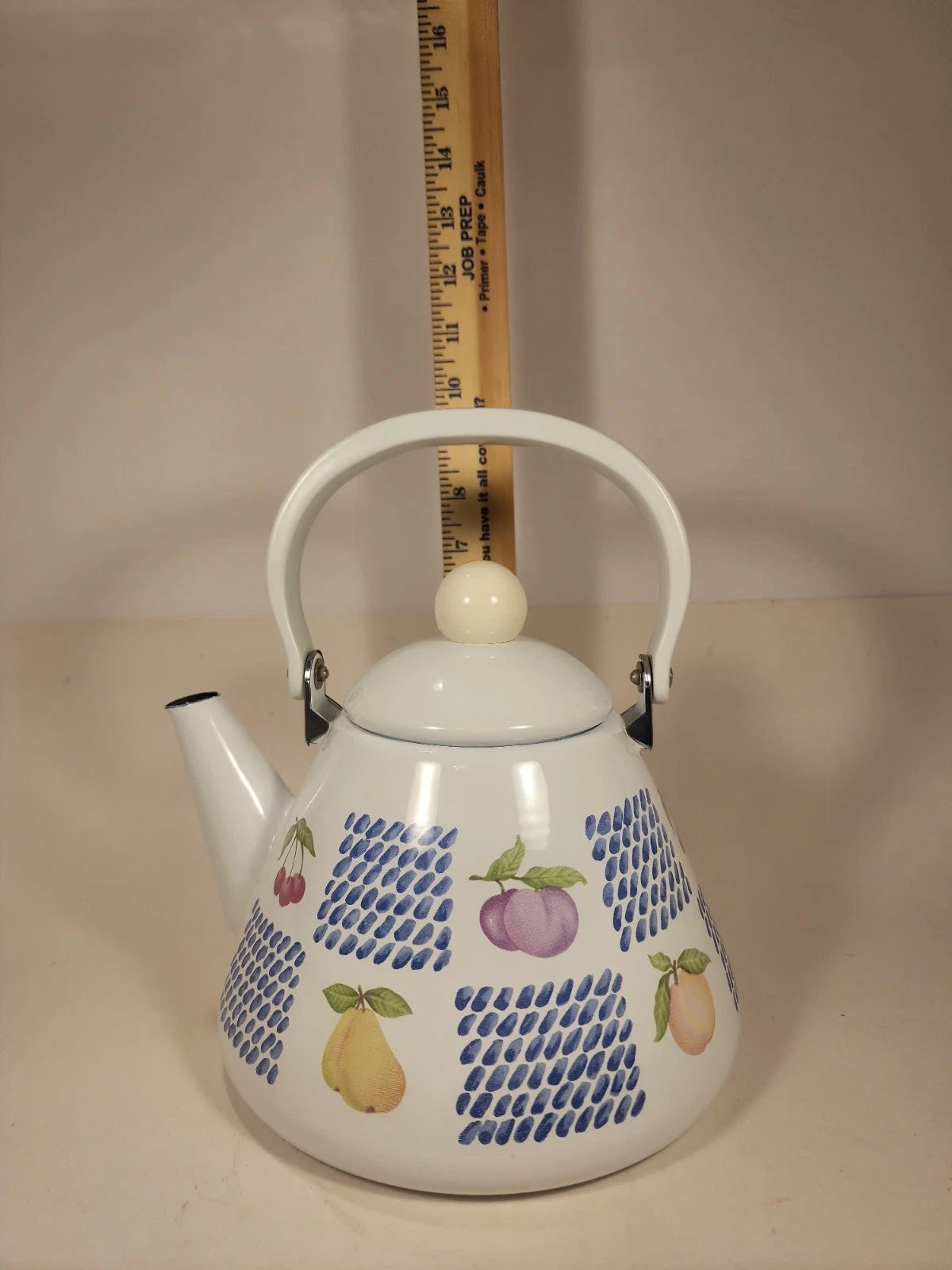 White Enamel Teapot Fruit Pear Cherries Plum Peach Blue 2 Qt Decorative Tea Pot
