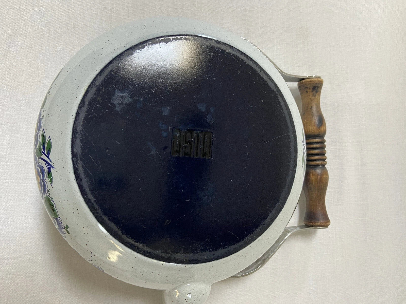 Vtg ASTA Enamel Cookware Tea Pot Kettle Wood Handle Blue Green Floral Speckled | eBay
