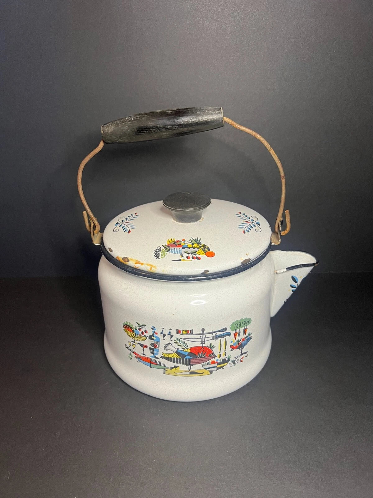 Vintage MCM 1950s Rare Thanksgiving Themed White Enamel Tea Kettle Pot w/ Handle | eBay