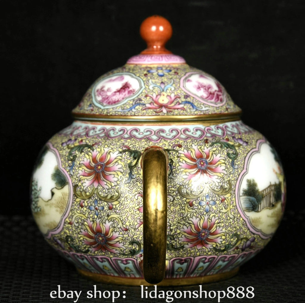 6.8"Qianlong Marked Enamel Porcelain Gilt Flower Human Child Pattern Wine Teapot