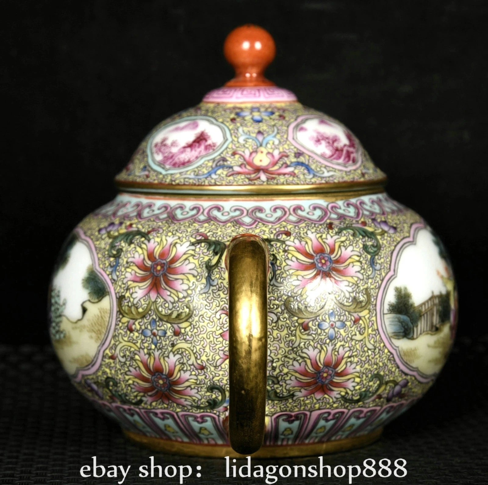 6.8"Qianlong Marked Enamel Porcelain Gilt Flower Human Child Pattern Wine Teapot