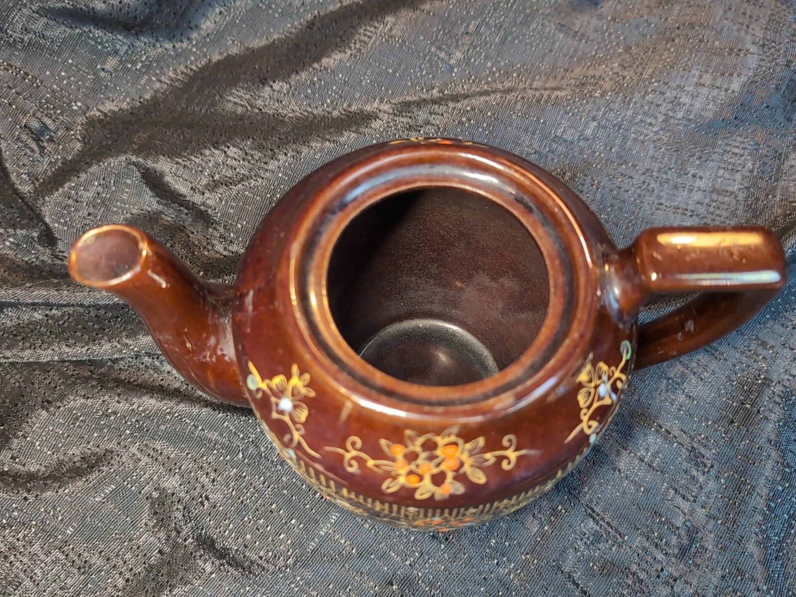 Vtg Brown Betty Redware Teapot Moriage Enamel Hand Painted Floral Made In Japan