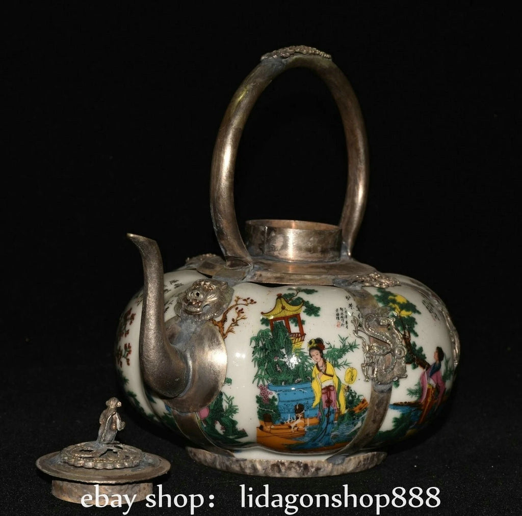 6.8" Old Chinese Silver Enamel Porcelain Beauty Belle Portable Kettle Teapot