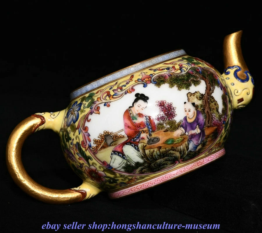 6.8 " Qianlong Marked China Colour Enamel Porcelain Dynasty People Story Teapot