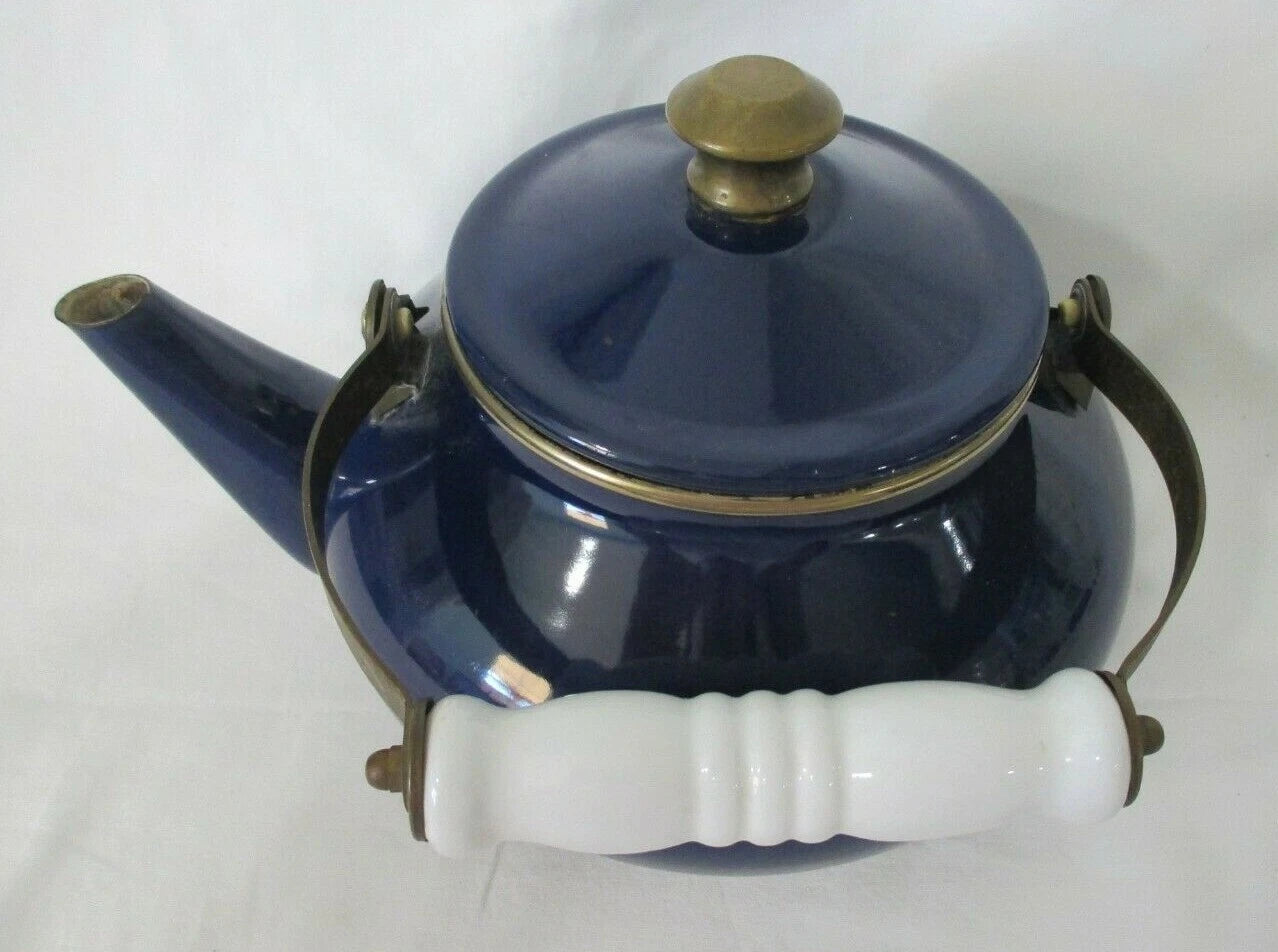 Cobalt Blue Enamel Brass White Porcelain Vintage Tea Kettle w/Lid GUC No Whistle