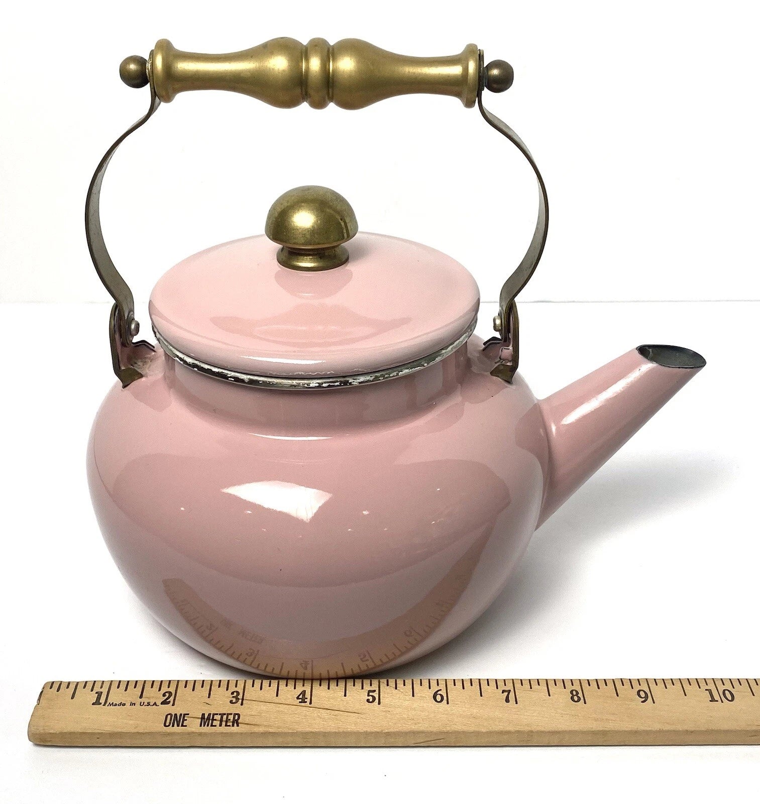 Vintage Tea Kettle Pot Pink Enamel Brass Handle Cottagecore Farmhouse Decor 2 Qt | eBay