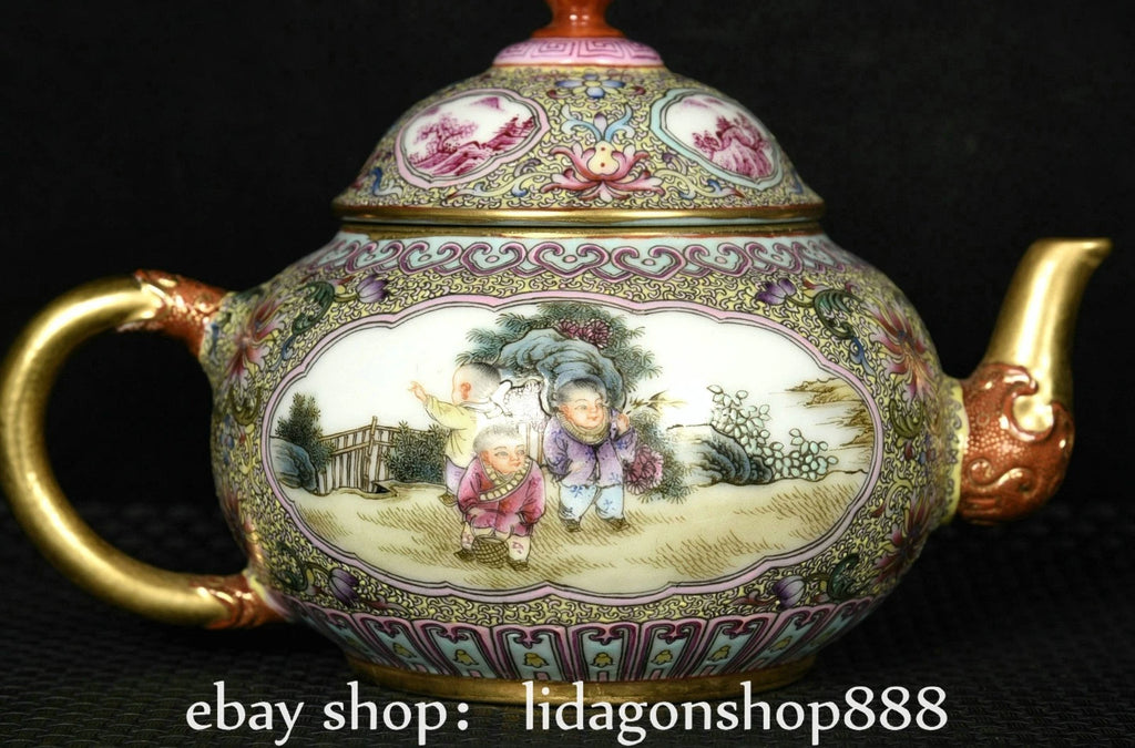 6.8"Qianlong Marked Enamel Porcelain Gilt Flower Human Child Pattern Wine Teapot