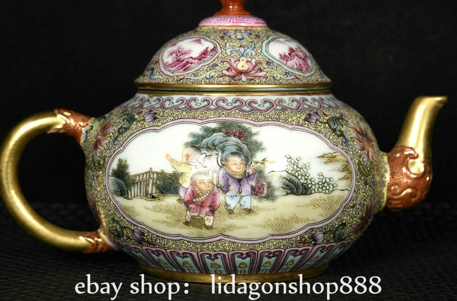 6.8"Qianlong Marked Enamel Porcelain Gilt Flower Human Child Pattern Wine Teapot