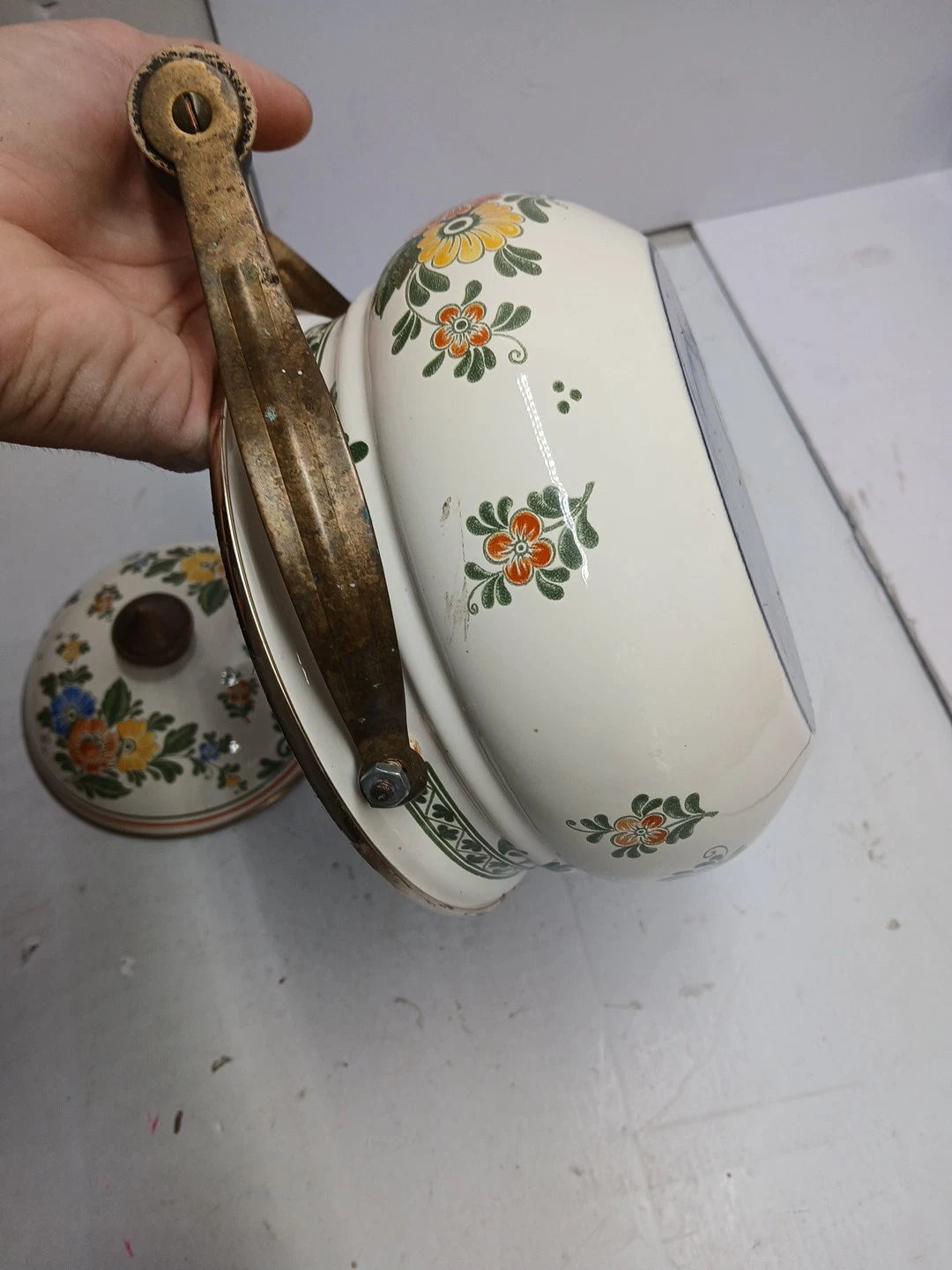 1960’s ASTA Enamelware Teapot Brass Handles Floral West Germany