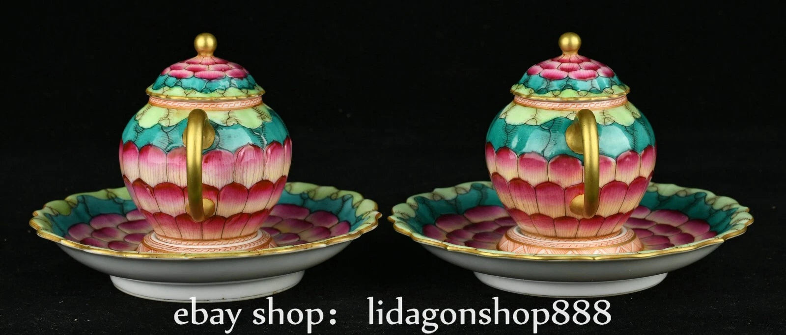 6.2" Qianlong Marked Enamel Porcelain Gilt Lotus Flower Pattern Teapot Plate Set