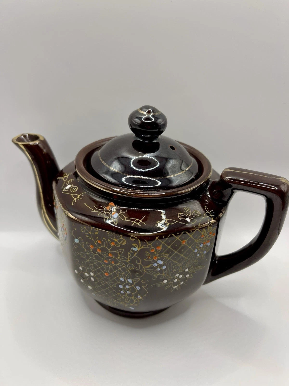 Vintage Brown Betty Redware Teapot Moriage Enamel Hand Painted Japan GUC MCM