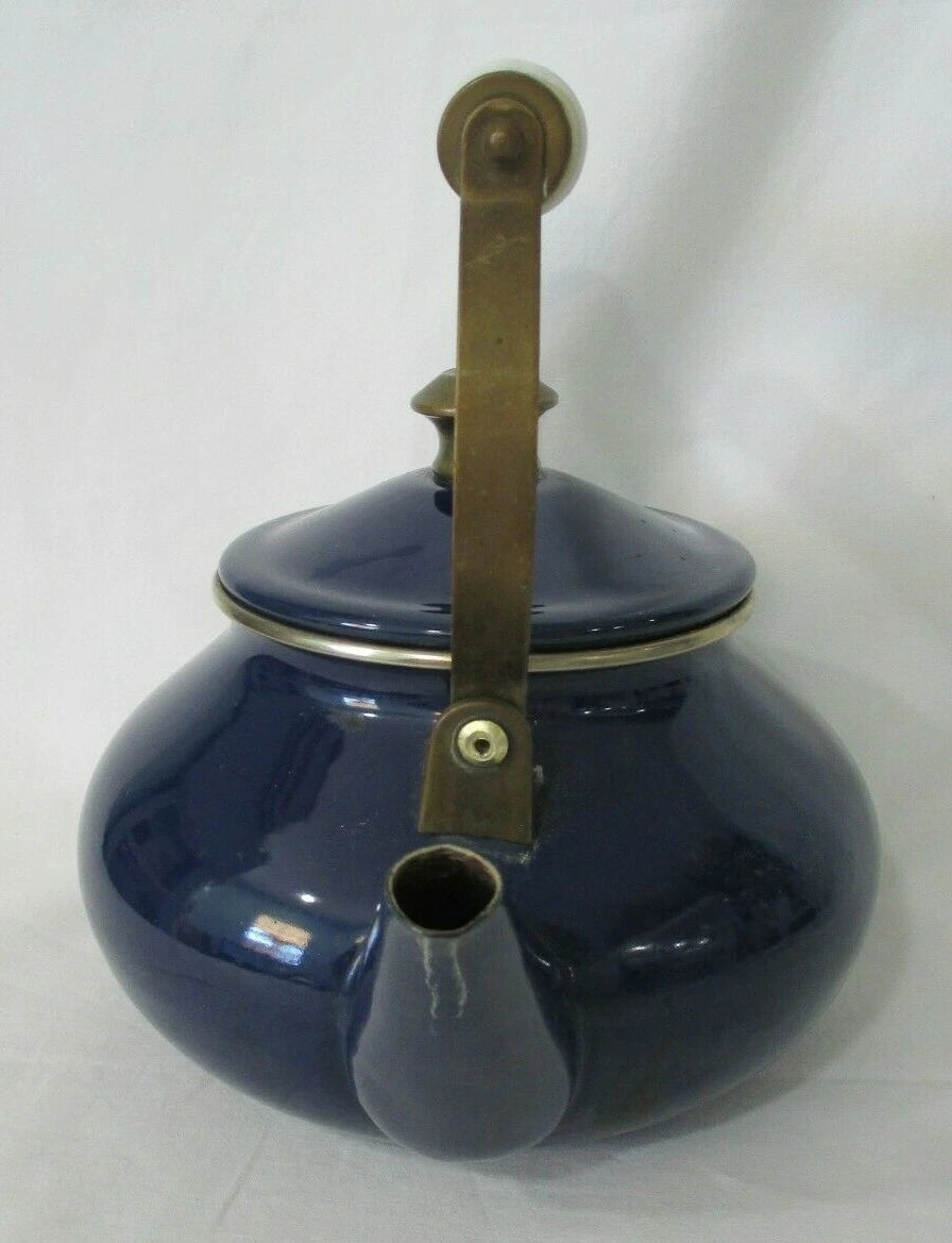 Cobalt Blue Enamel Brass White Porcelain Vintage Tea Kettle w/Lid GUC No Whistle