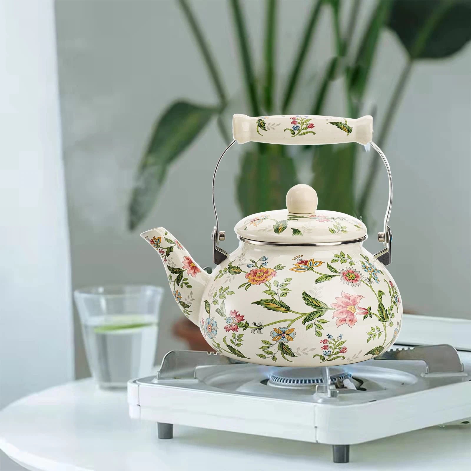 2.6 Quart Vintage Enamel Tea Kettle, Green Floral Enamel on Steel Teapot with...