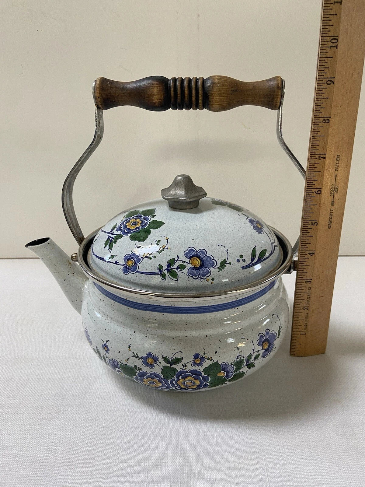 Vtg ASTA Enamel Cookware Tea Pot Kettle Wood Handle Blue Green Floral Speckled | eBay