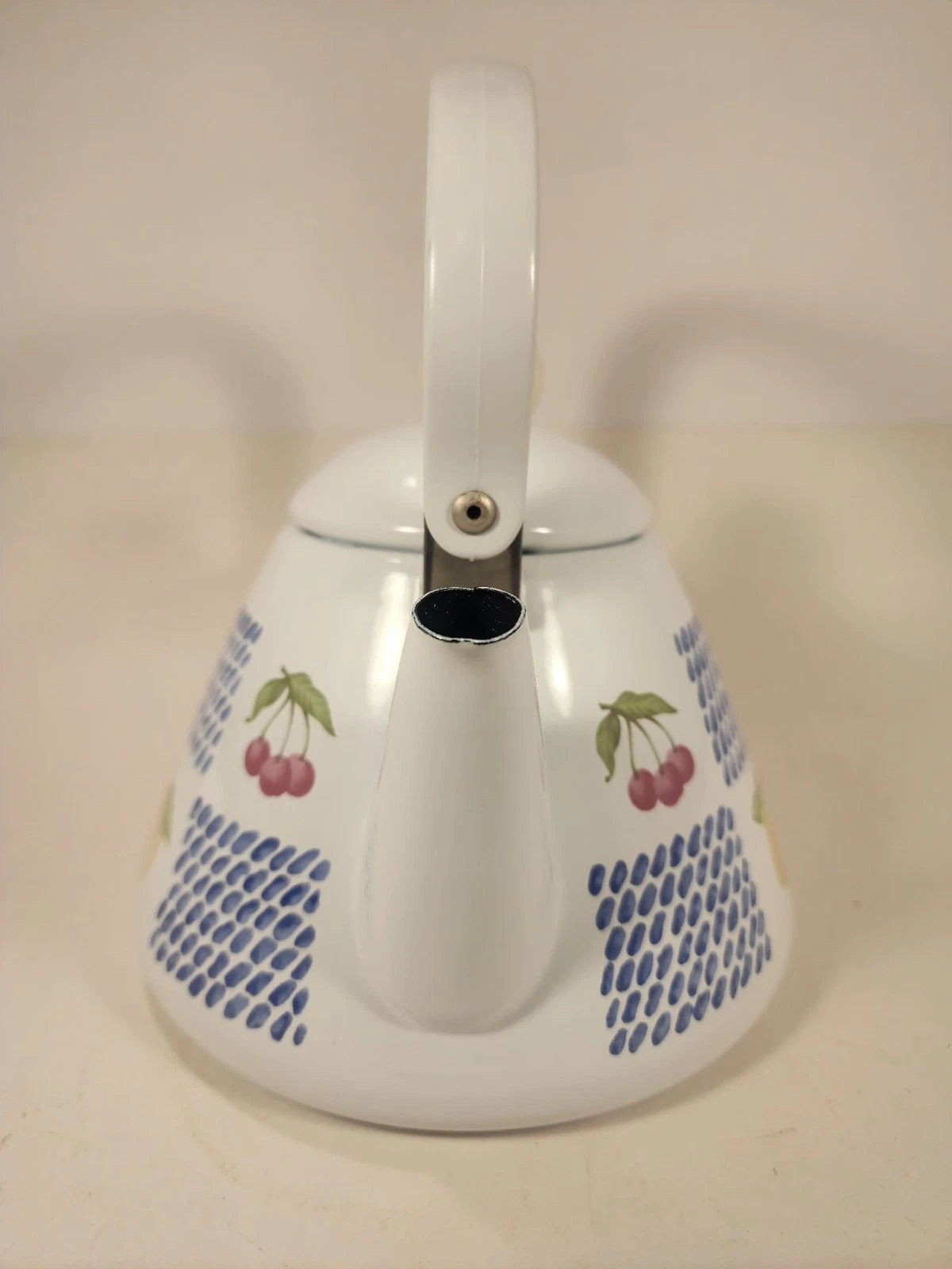 White Enamel Teapot Fruit Pear Cherries Plum Peach Blue 2 Qt Decorative Tea Pot