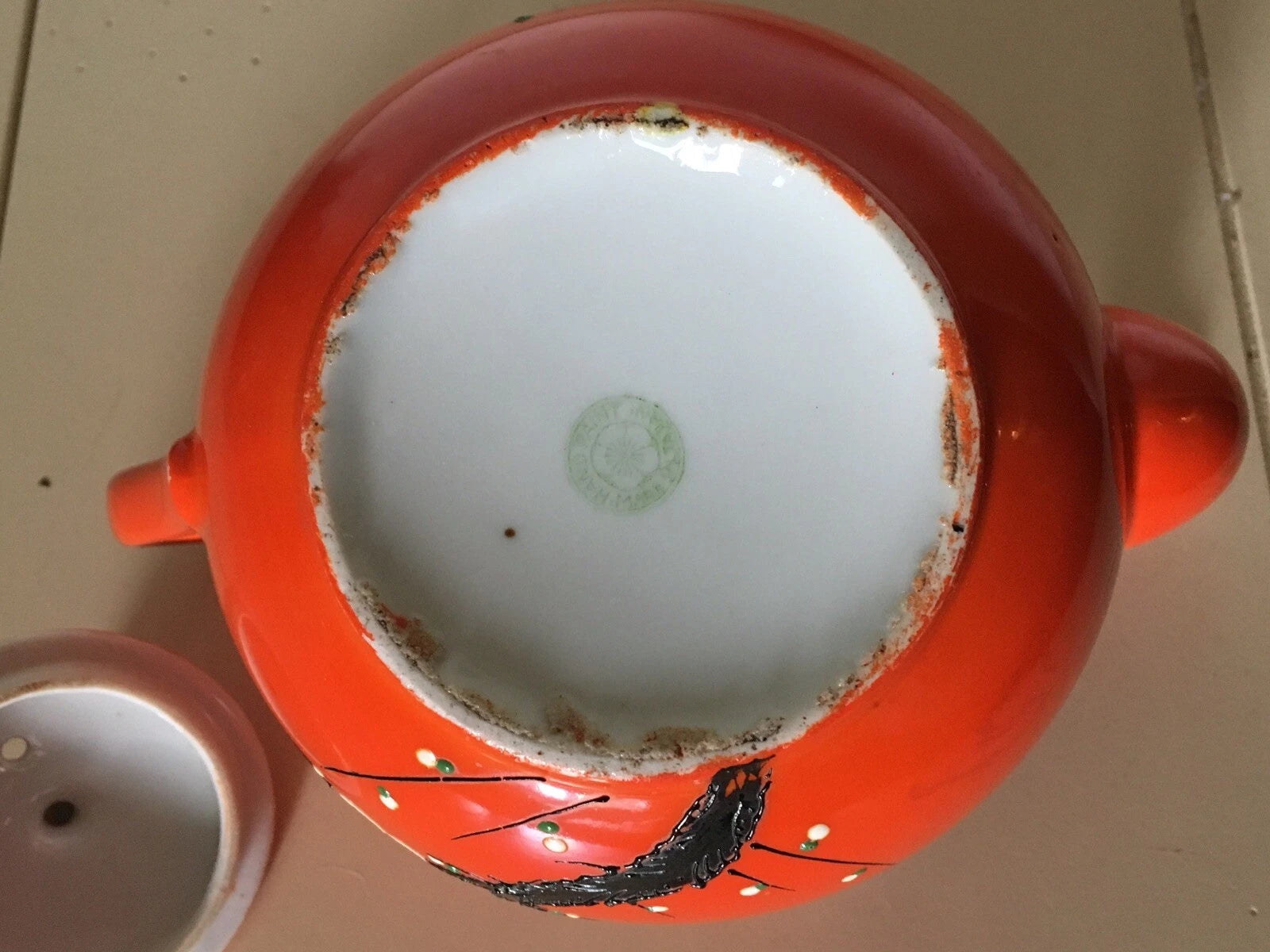 Vintage Bright Orange Enamel Floral Porcelain Japan Tea Pot Hand Painted
