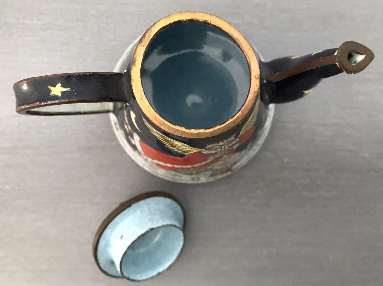 Vtg Hand Painted Enamel on Copper Miniature Teapot Cat Angel Flying Among Stars | eBay