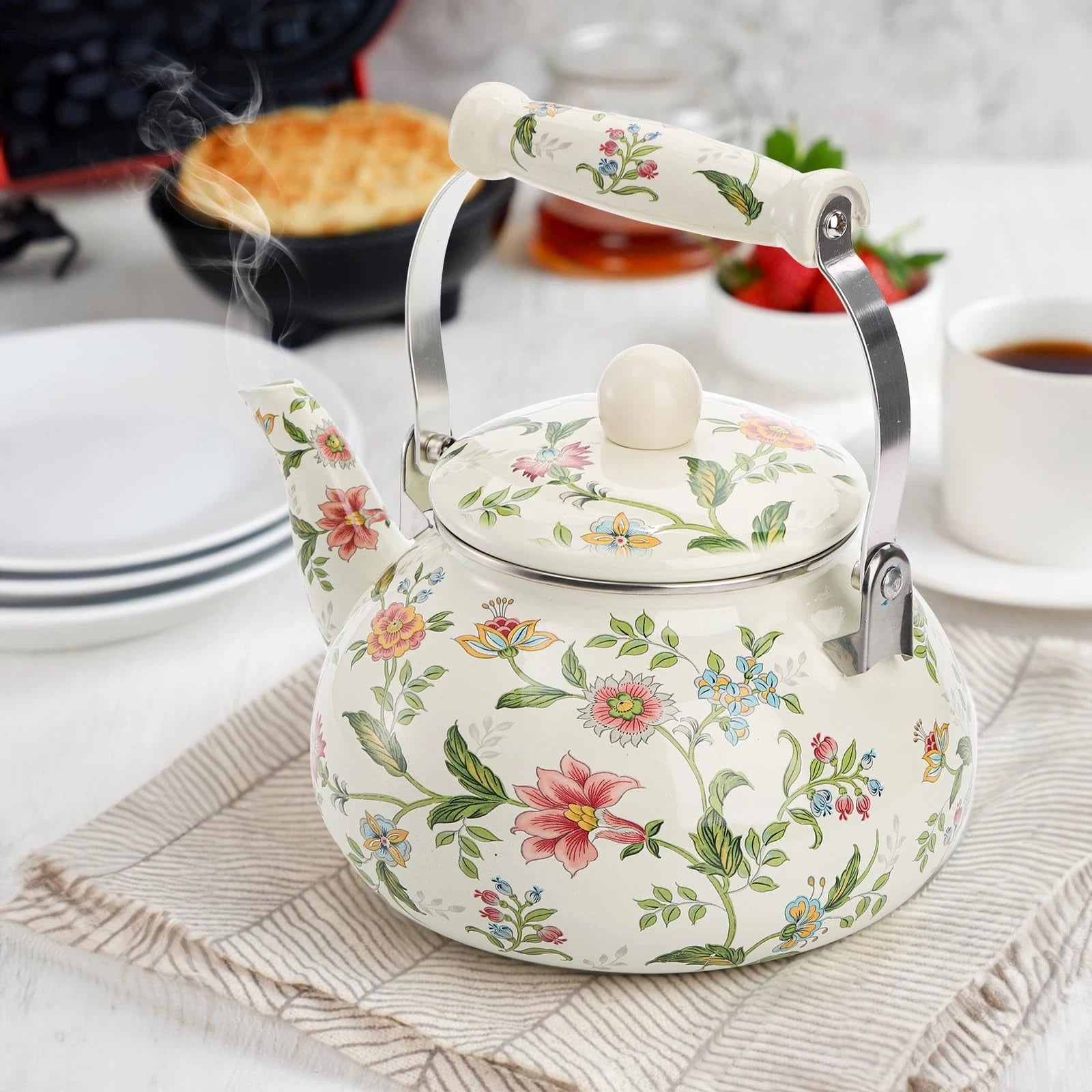 2.6 Quart Vintage Enamel Tea Kettle, Green Floral Enamel on Steel Teapot with...