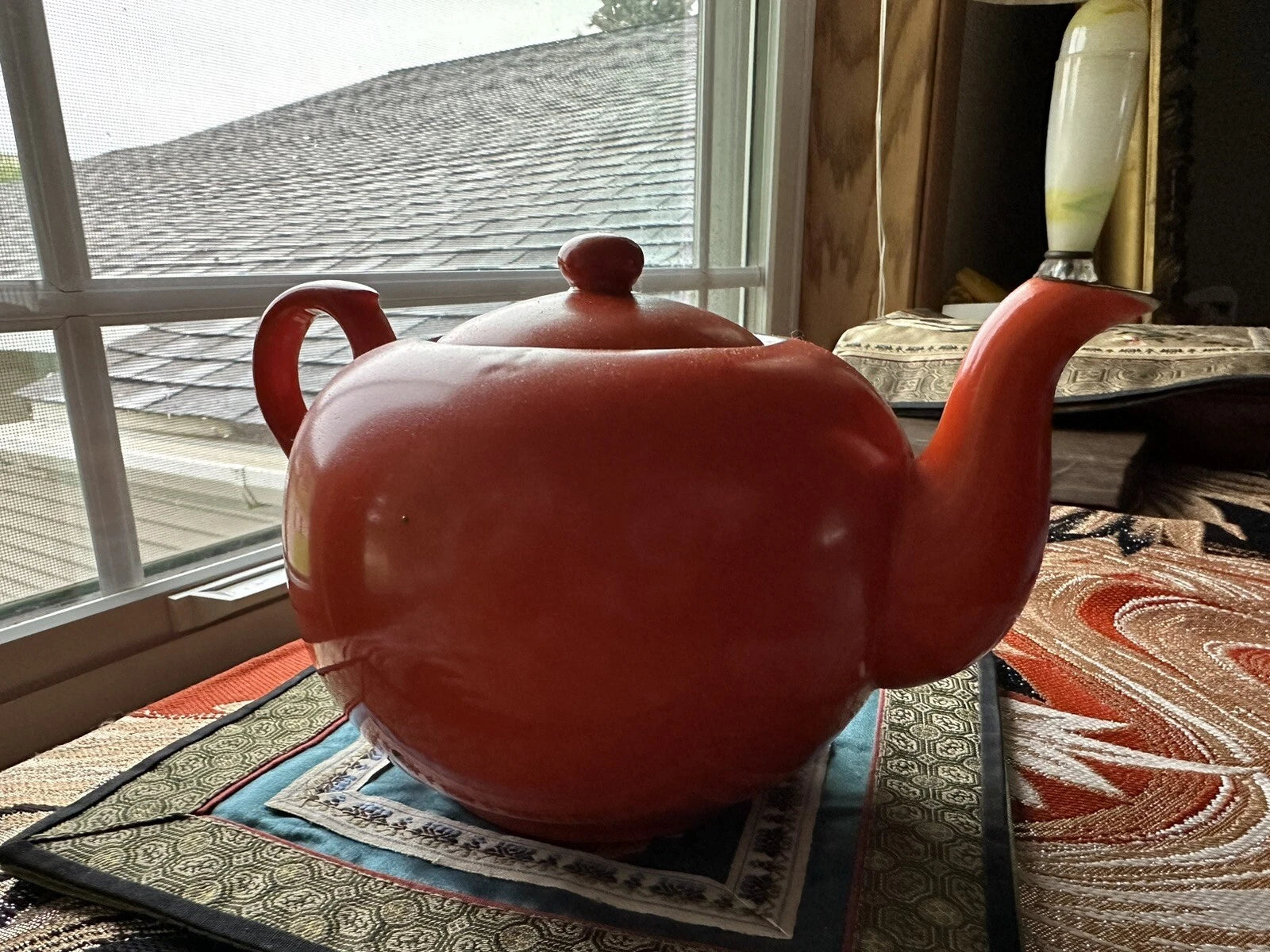 Vintage Bright Orange Enamel Floral Porcelain Japan Tea Pot Hand Painted