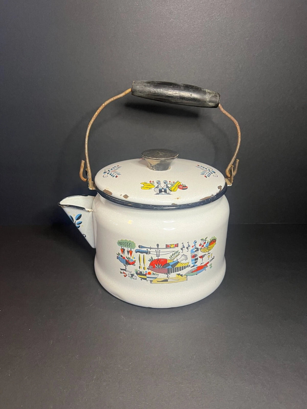 Vintage MCM 1950s Rare Thanksgiving Themed White Enamel Tea Kettle Pot w/ Handle | eBay