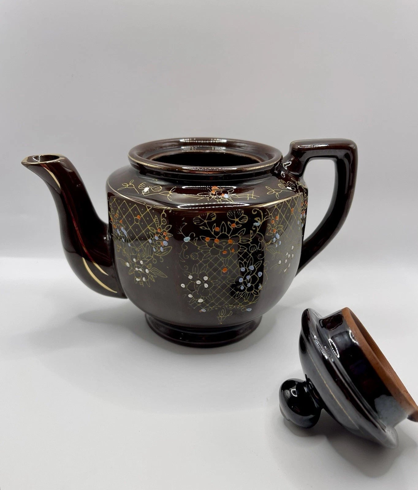 Vintage Brown Betty Redware Teapot Moriage Enamel Hand Painted Japan GUC MCM