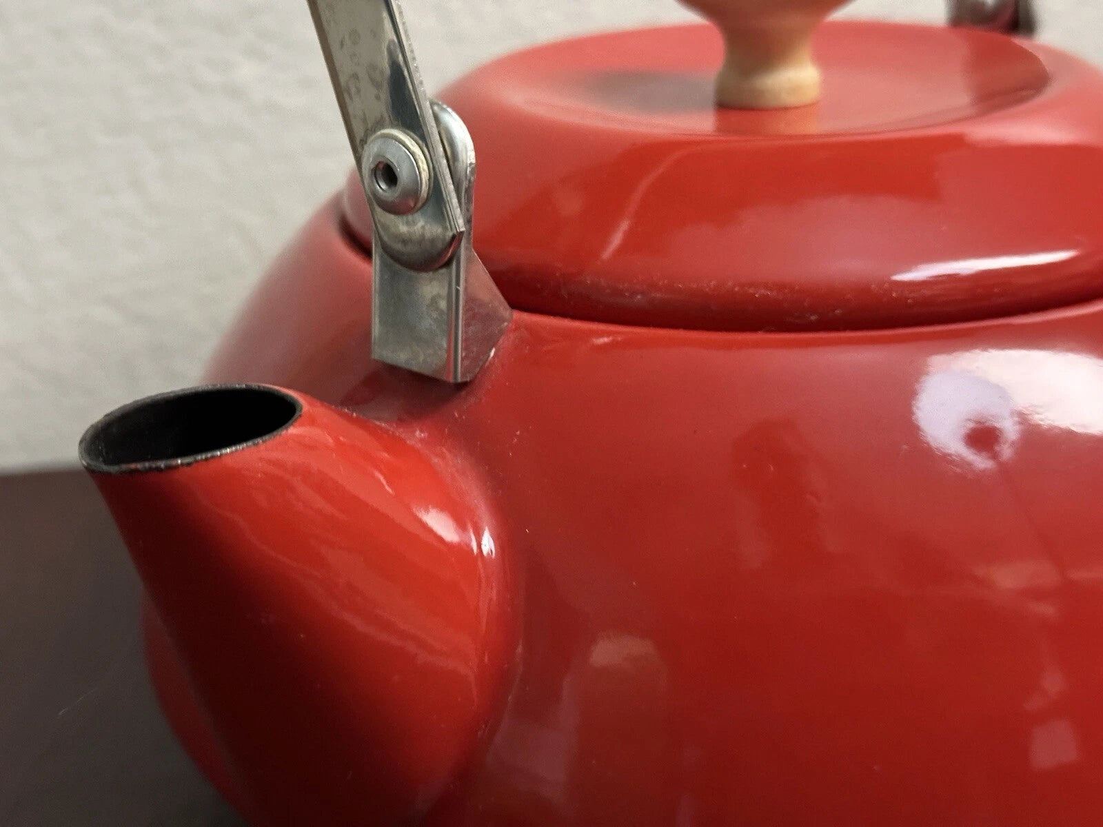 Vintage Mid Century Scandinavian Danish Red Enamel Tea Kettle Teapot Wood Handle