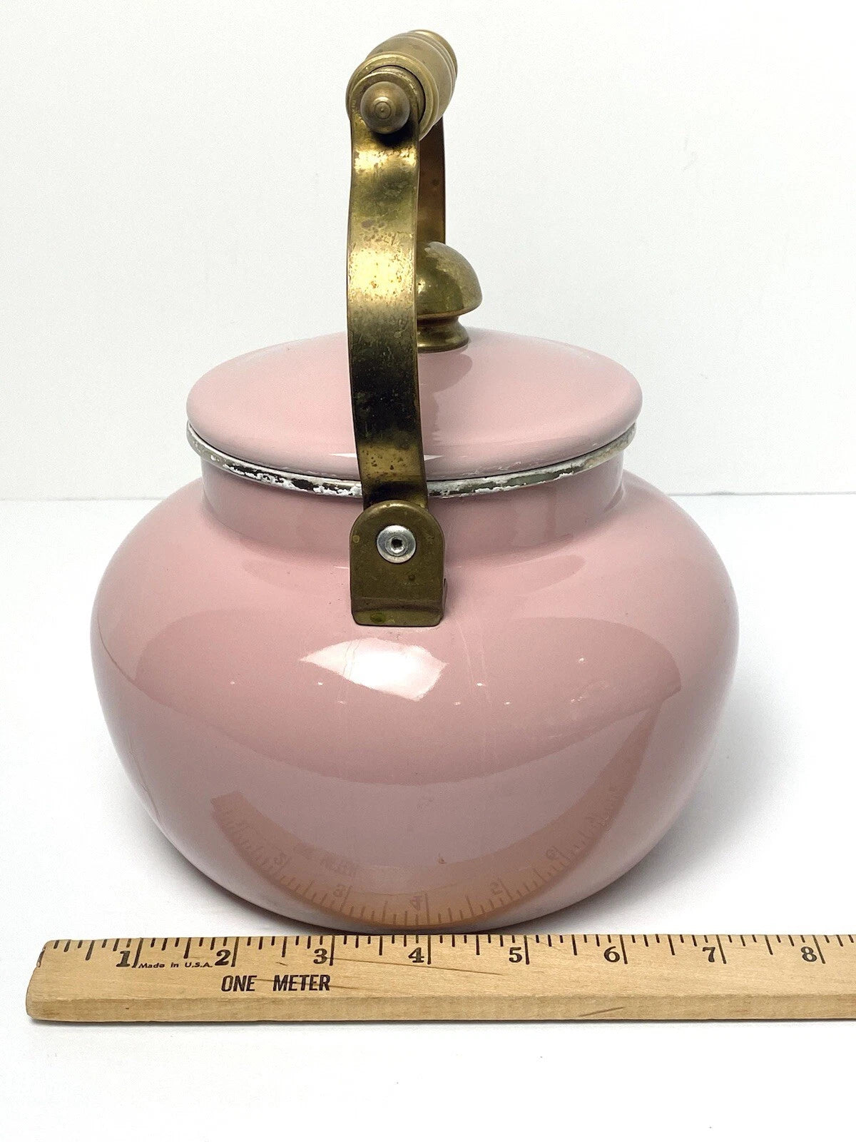 Vintage Tea Kettle Pot Pink Enamel Brass Handle Cottagecore Farmhouse Decor 2 Qt | eBay
