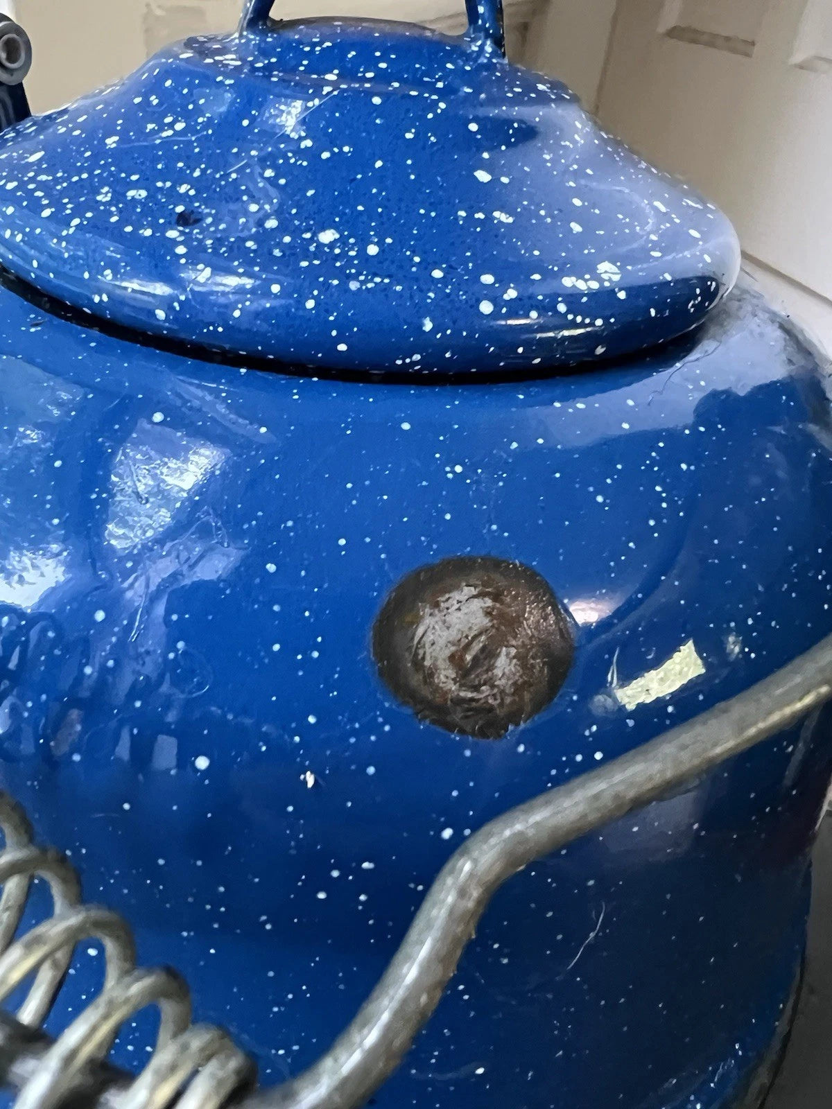 VTG Blue Enamel Teapot Kettle White Speckles Camping Outdoor Handle 8.25" Patina | eBay