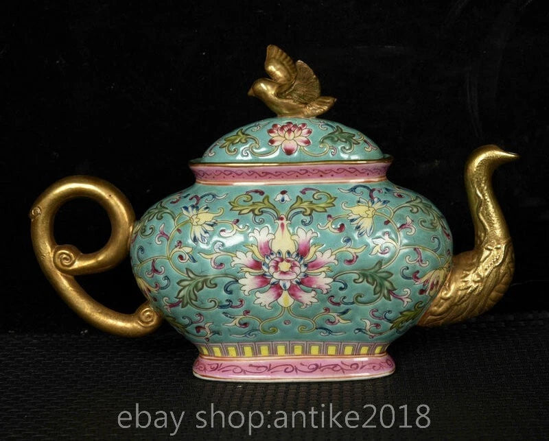 7.8 " Yongzheng Marked China Colour Enamel Porcelain Gilt Dynasty Flower Teapot