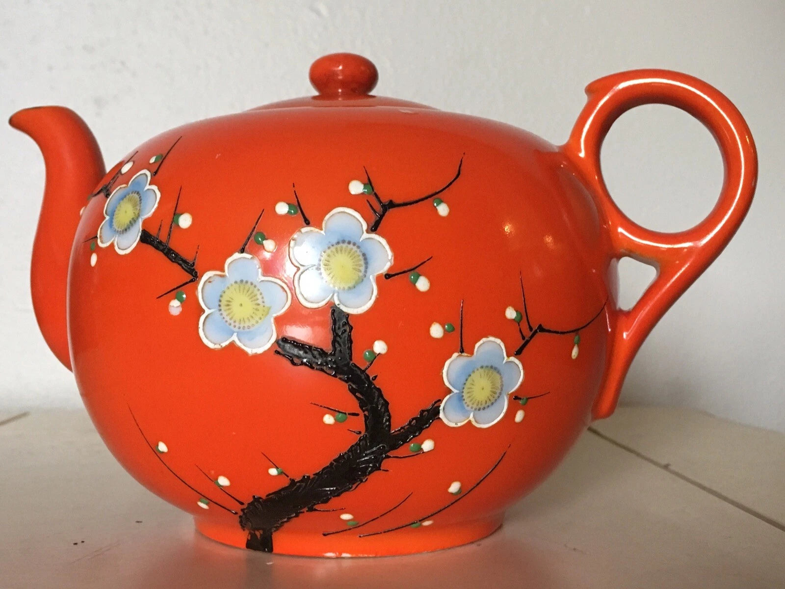 Vintage Bright Orange Enamel Floral Porcelain Japan Tea Pot Hand Painted