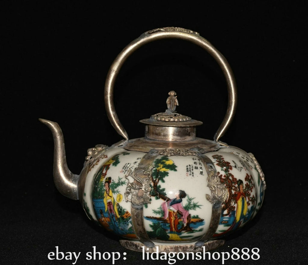 6.8" Old Chinese Silver Enamel Porcelain Beauty Belle Portable Kettle Teapot