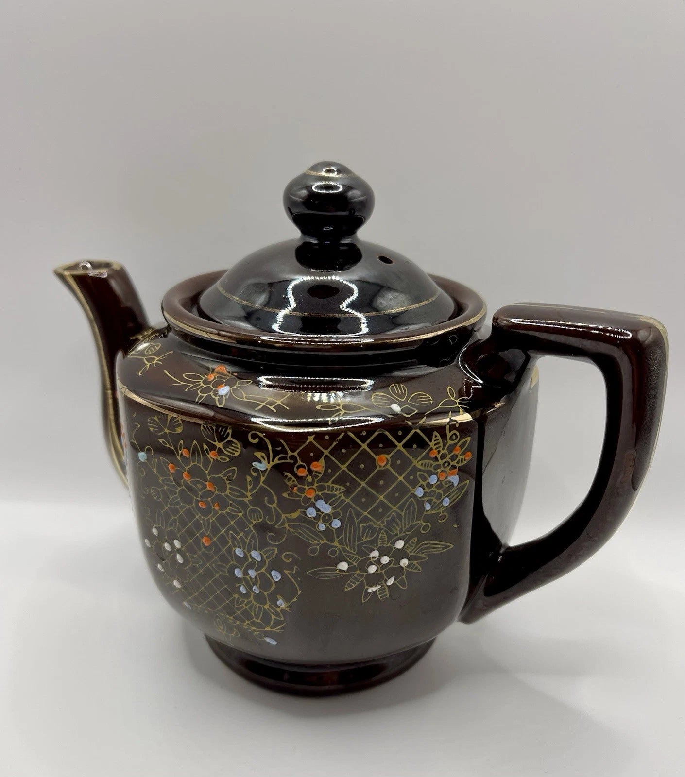 Vintage Brown Betty Redware Teapot Moriage Enamel Hand Painted Japan GUC MCM
