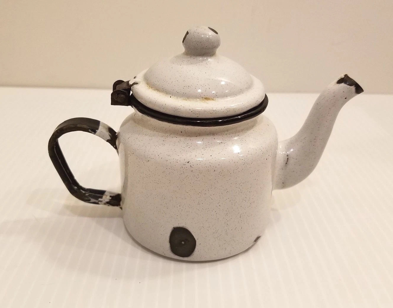 White with Speckles Small Individual Service Size Enamel Tea Pot, Black Handle