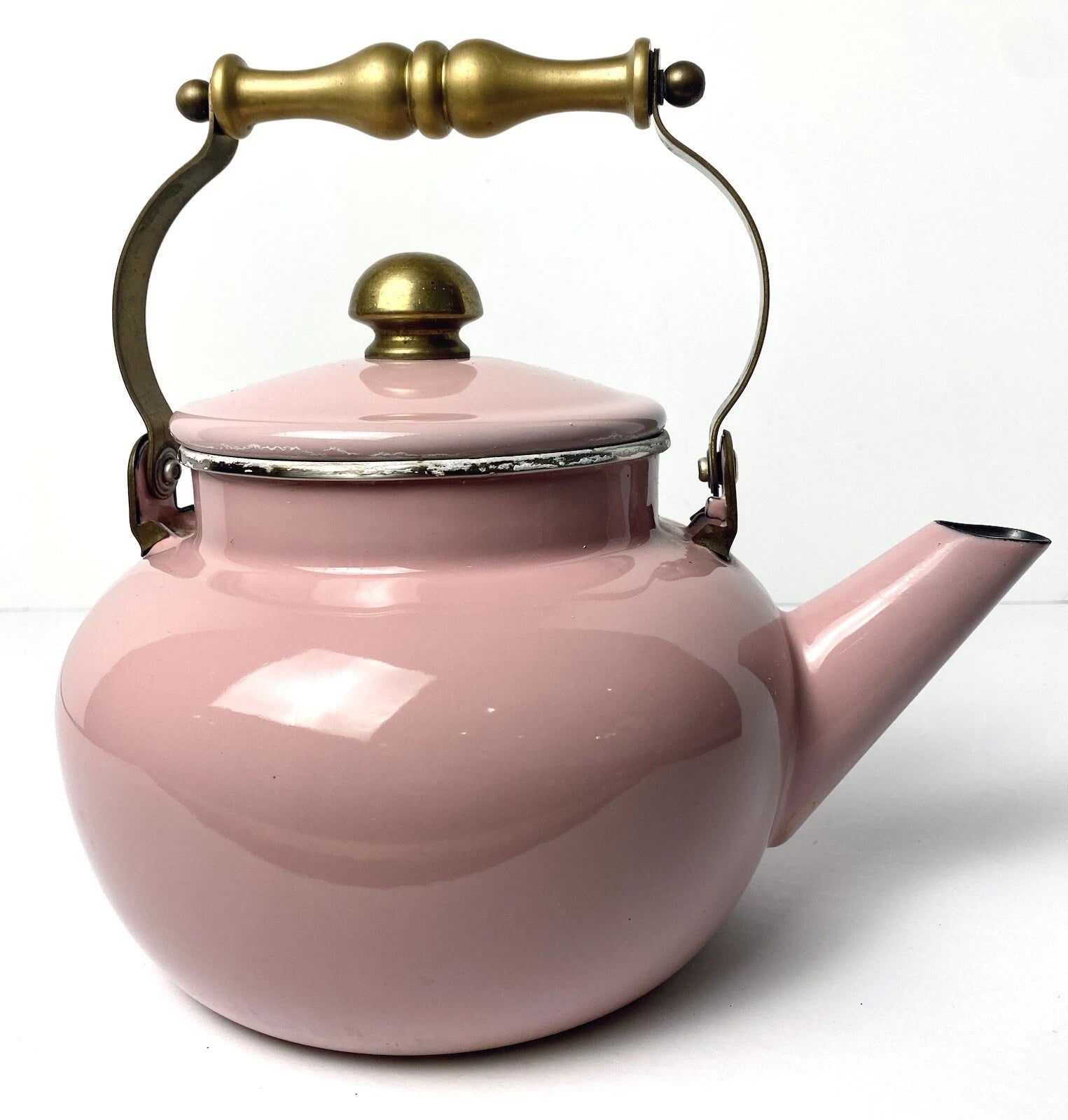 Vintage Tea Kettle Pot Pink Enamel Brass Handle Cottagecore Farmhouse Decor 2 Qt | eBay