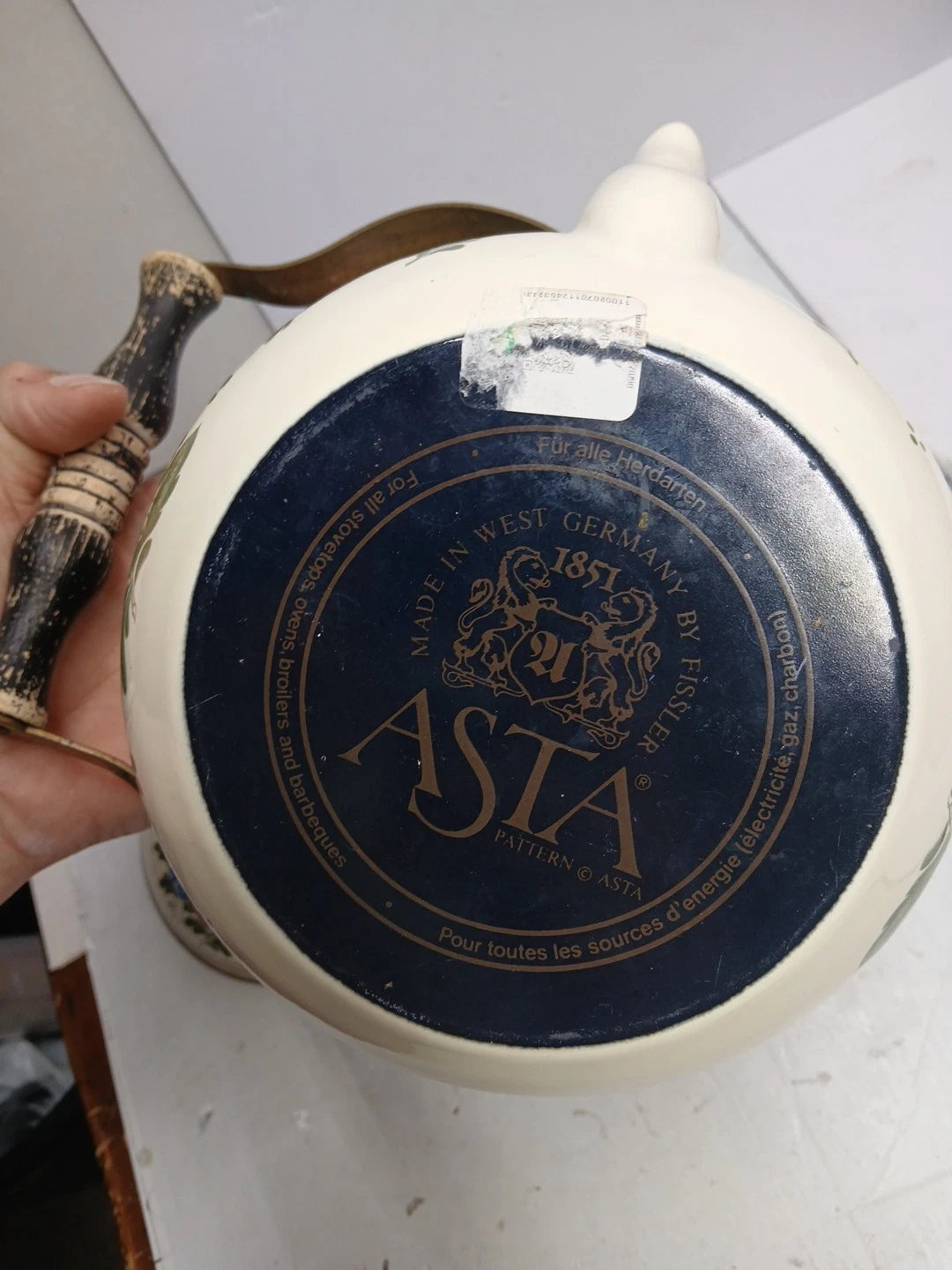 1960’s ASTA Enamelware Teapot Brass Handles Floral West Germany