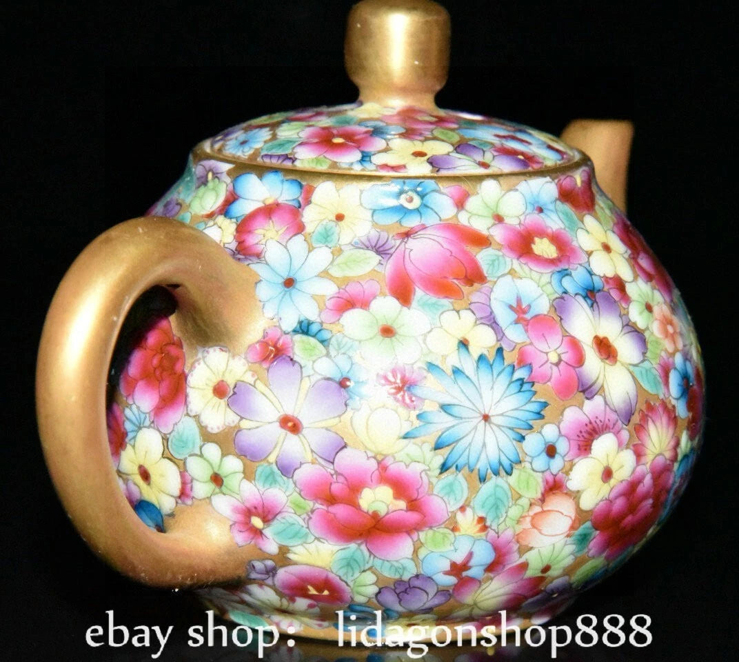 5.2" Qianlong Marked Enamel Porcelain Gilt Flower Pattern Wine Tea Pot
