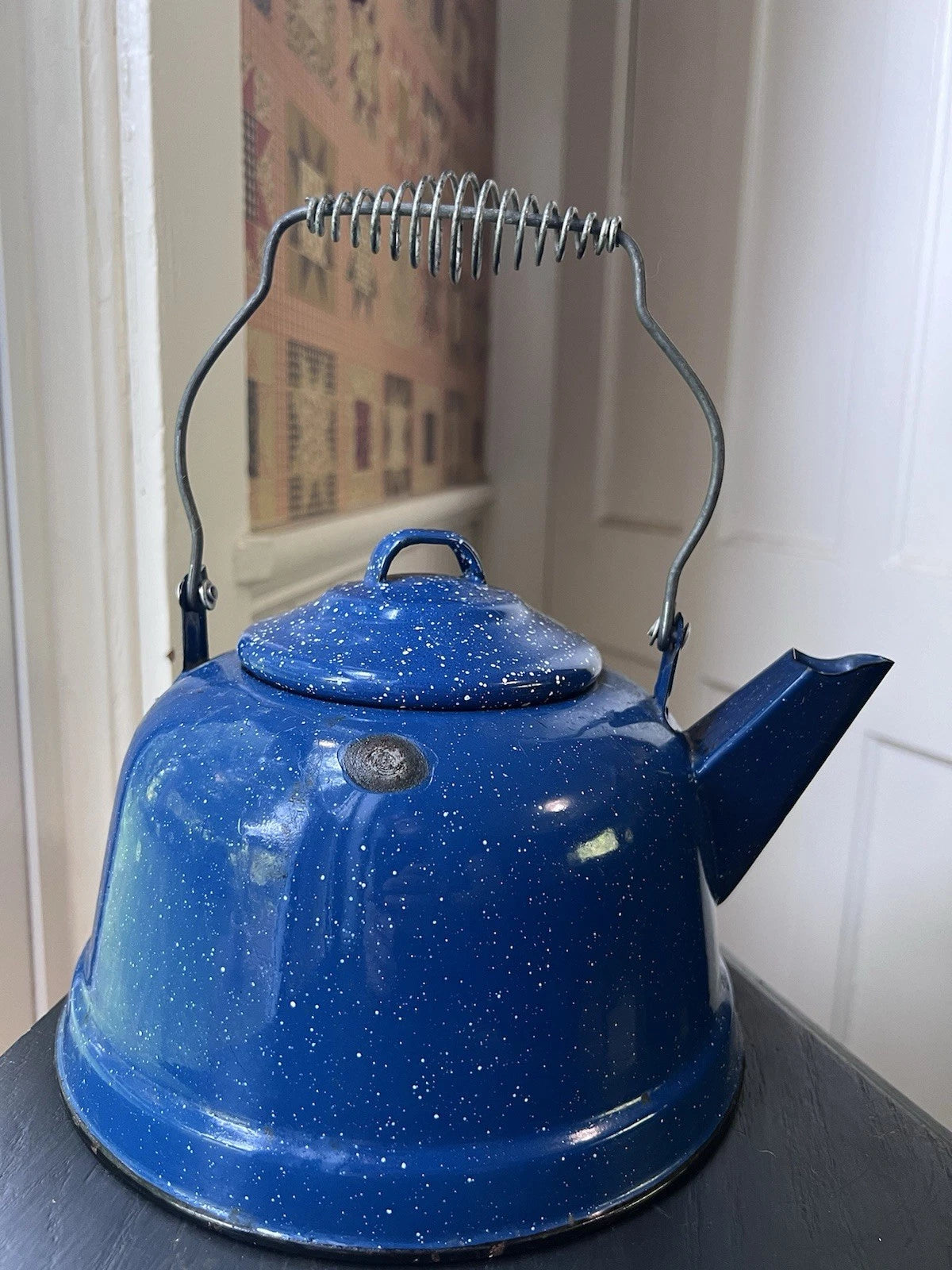 VTG Blue Enamel Teapot Kettle White Speckles Camping Outdoor Handle 8.25" Patina | eBay