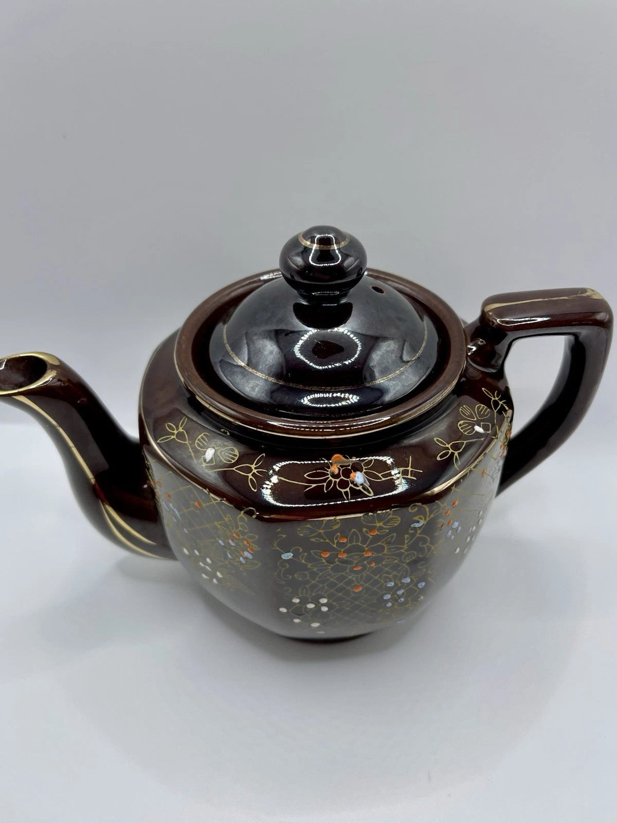 Vintage Brown Betty Redware Teapot Moriage Enamel Hand Painted Japan GUC MCM