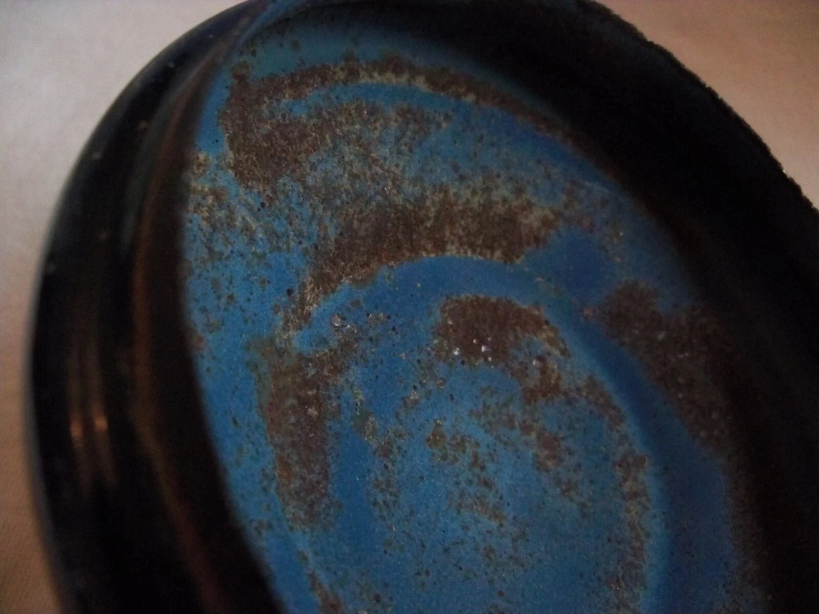 Vtg Blue White Speckled Enamelware Teapot kettle, wire wrap handle, from auction