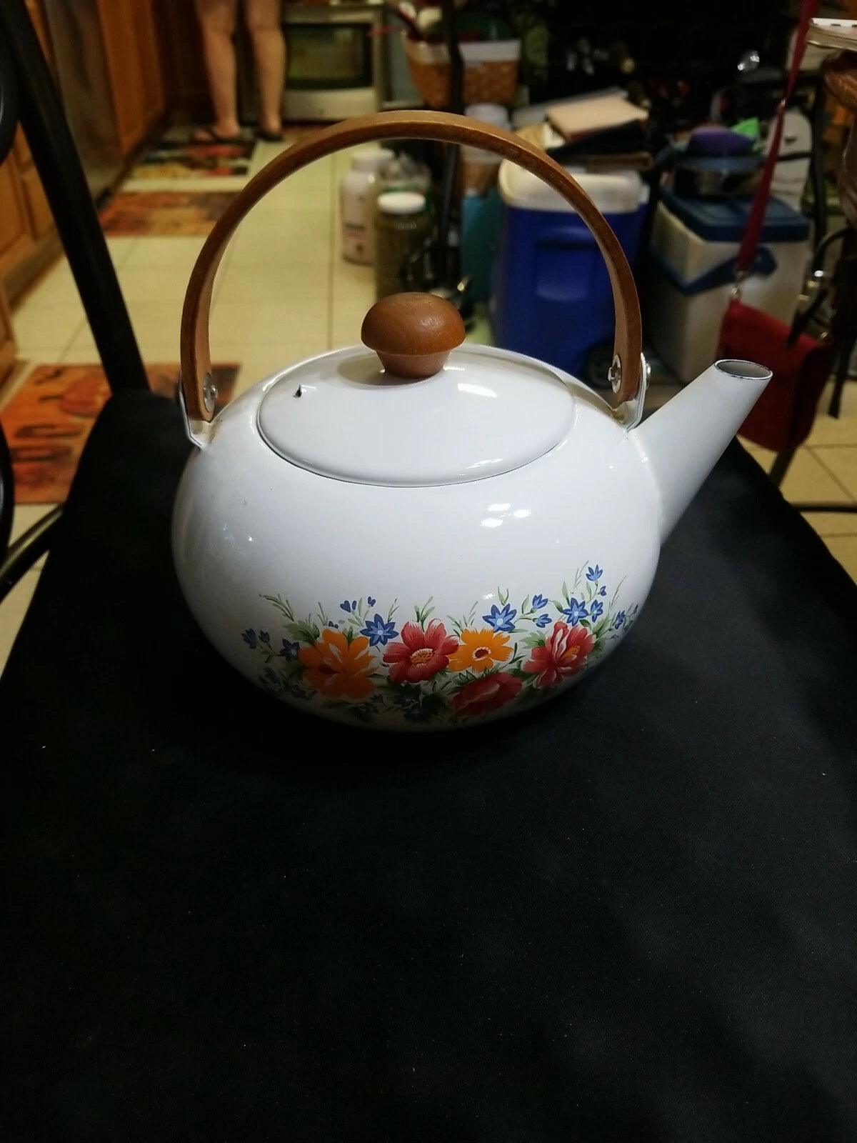 Vintage Japanese Flower Enamel 1.5 Qt Tea Pot / Tea Kettle Wooden Handle & Knob | eBay
