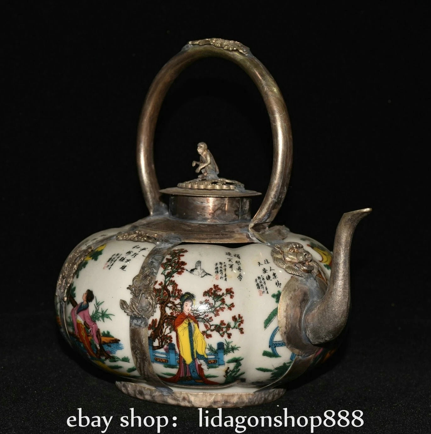 6.8" Old Chinese Silver Enamel Porcelain Beauty Belle Portable Kettle Teapot