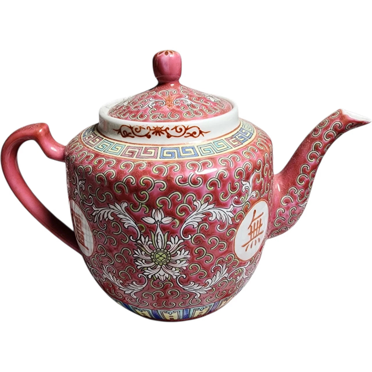Vintage Chinese Porcelain Teapot Red & White Longevity Symbols Floral Lotus Desi