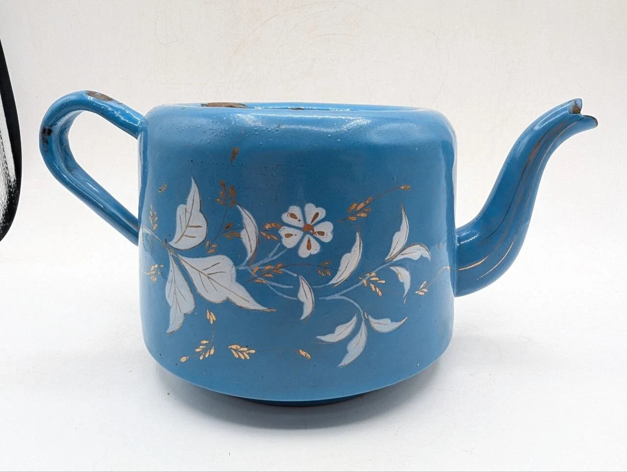 1930s Vintage Blue Enamel Teapot White Floral Rustic Shabby Chic No Lid ON18