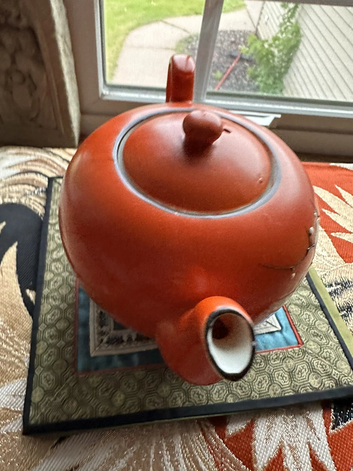 Vintage Bright Orange Enamel Floral Porcelain Japan Tea Pot Hand Painted