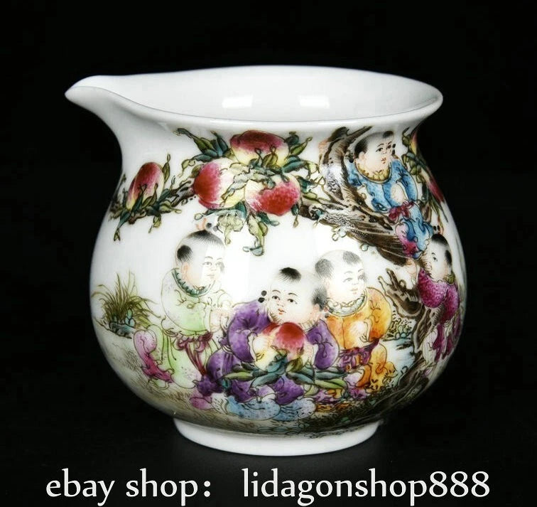 8.9" Qianlong Marked Enamel Porcelain Child Words Pattern Tea Pot Plate Set