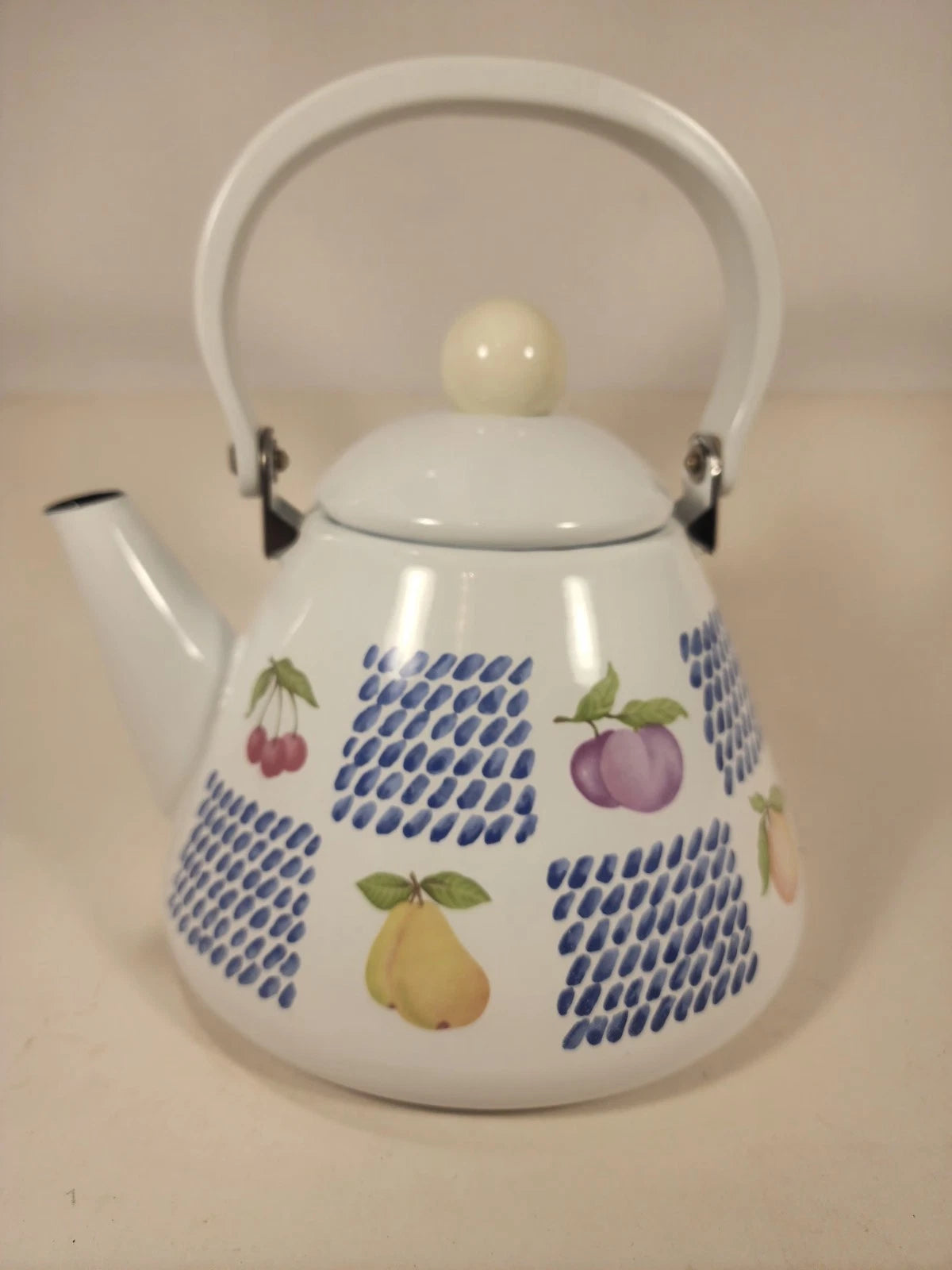 White Enamel Teapot Fruit Pear Cherries Plum Peach Blue 2 Qt Decorative Tea Pot