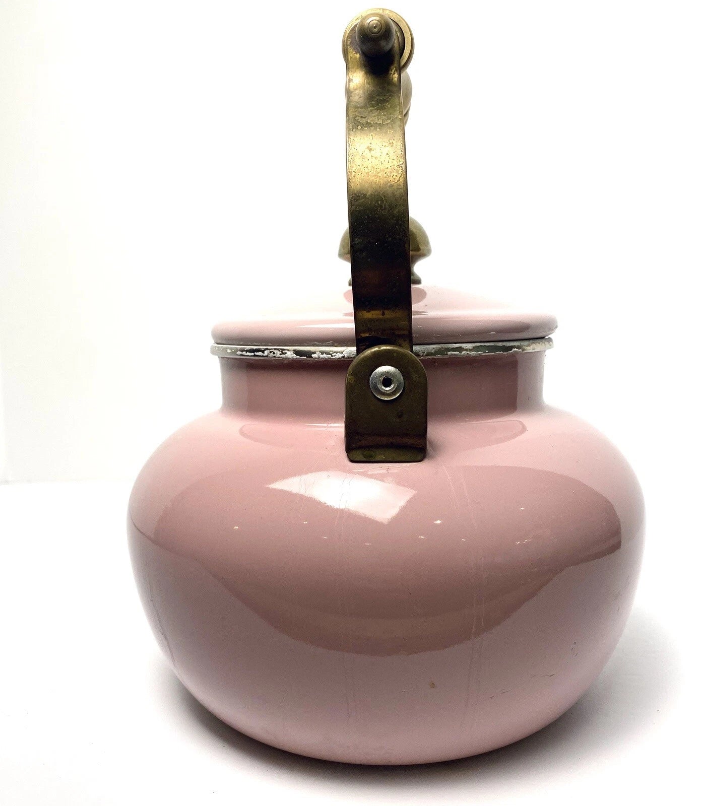 Vintage Tea Kettle Pot Pink Enamel Brass Handle Cottagecore Farmhouse Decor 2 Qt | eBay