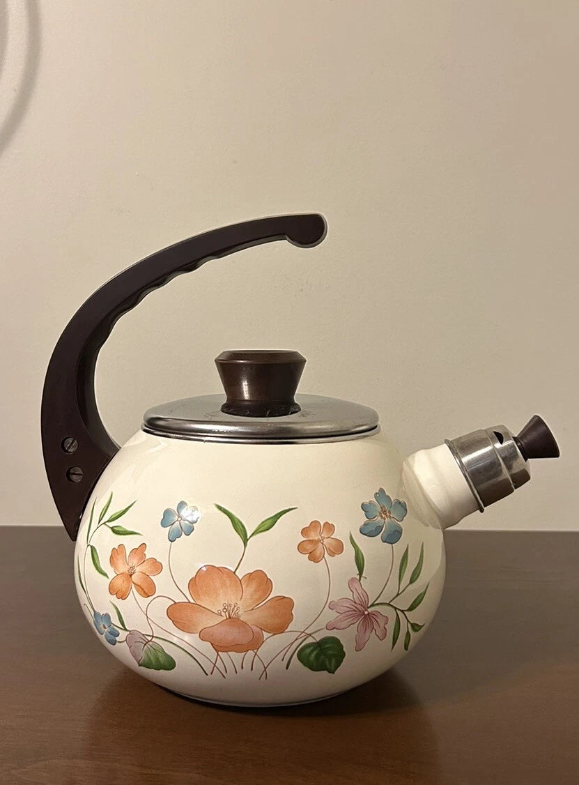 Vintage Enamelware Teapot Stovetop Whistling Kettle 2 Qt White Floral Tea Pot