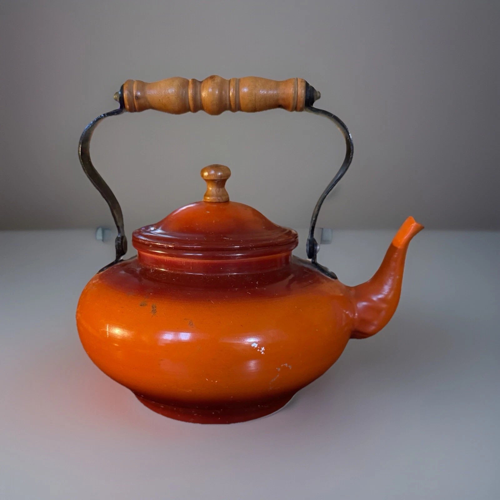 Vintage Taiwan Orange Enamelware Aluminum Teapot Tea Kettle Enamel