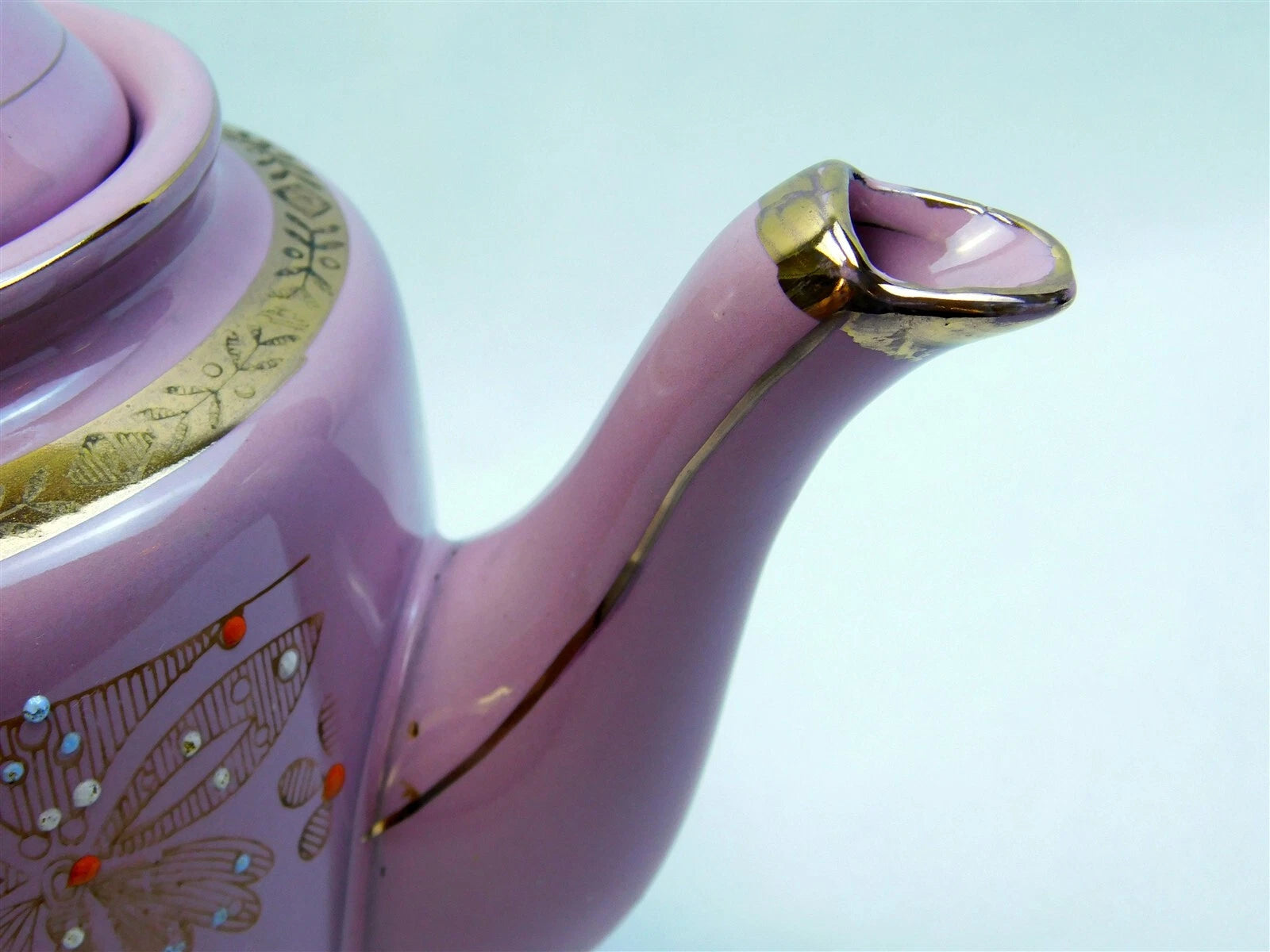 Vtg Pink Gold Glazed REDWARE Teapot Butterfly Enamel Moriage Hand Painted 7"